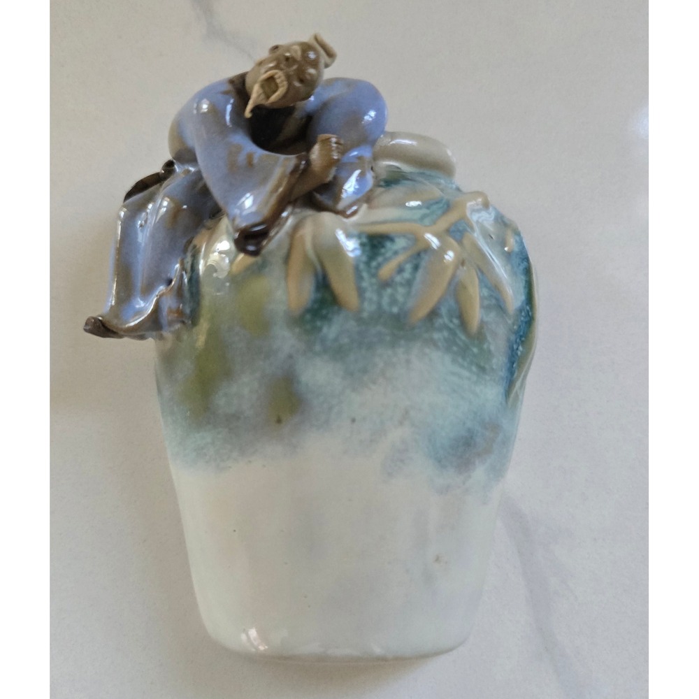 Shiwan Mudman Wall Pocket Vase Glazed Ceramic Scholar Sage Bamboo Blue Green